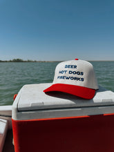 Load image into Gallery viewer, BEER HOT DOGS FIREWORKS Embroidered Trucker Hat
